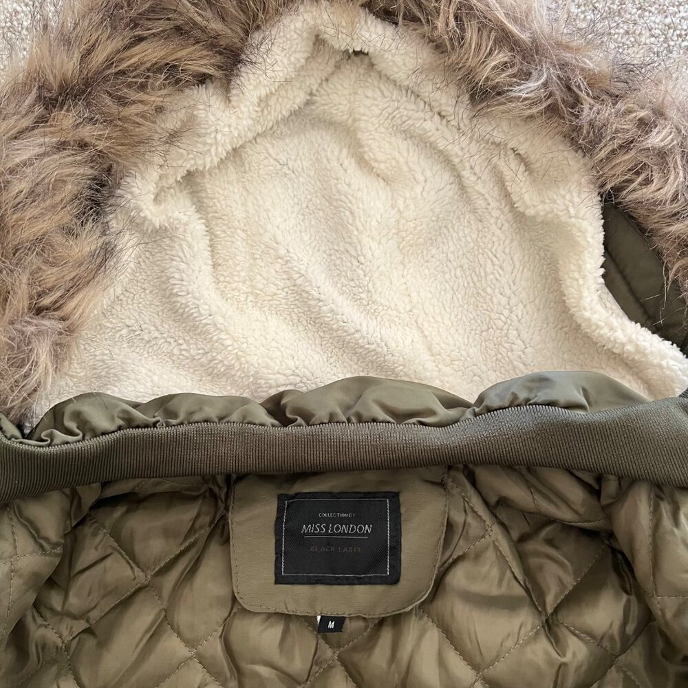 Y2K Miss London Black Label Olive Green Utility Jacket with Fur Trim Hood M - Picture 7 of 12